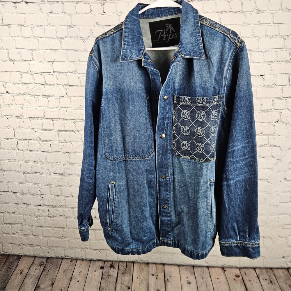 Prps Mens Monogram Denim Chore Jacket Medium Wash Blue Streetwear Size S NEW